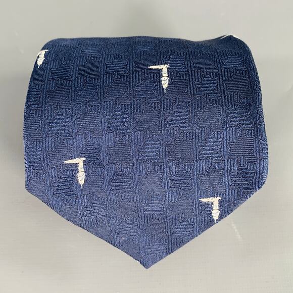 TRUSSARDI Navy White Textured Logo Silk Tie - Picture 1 of 5